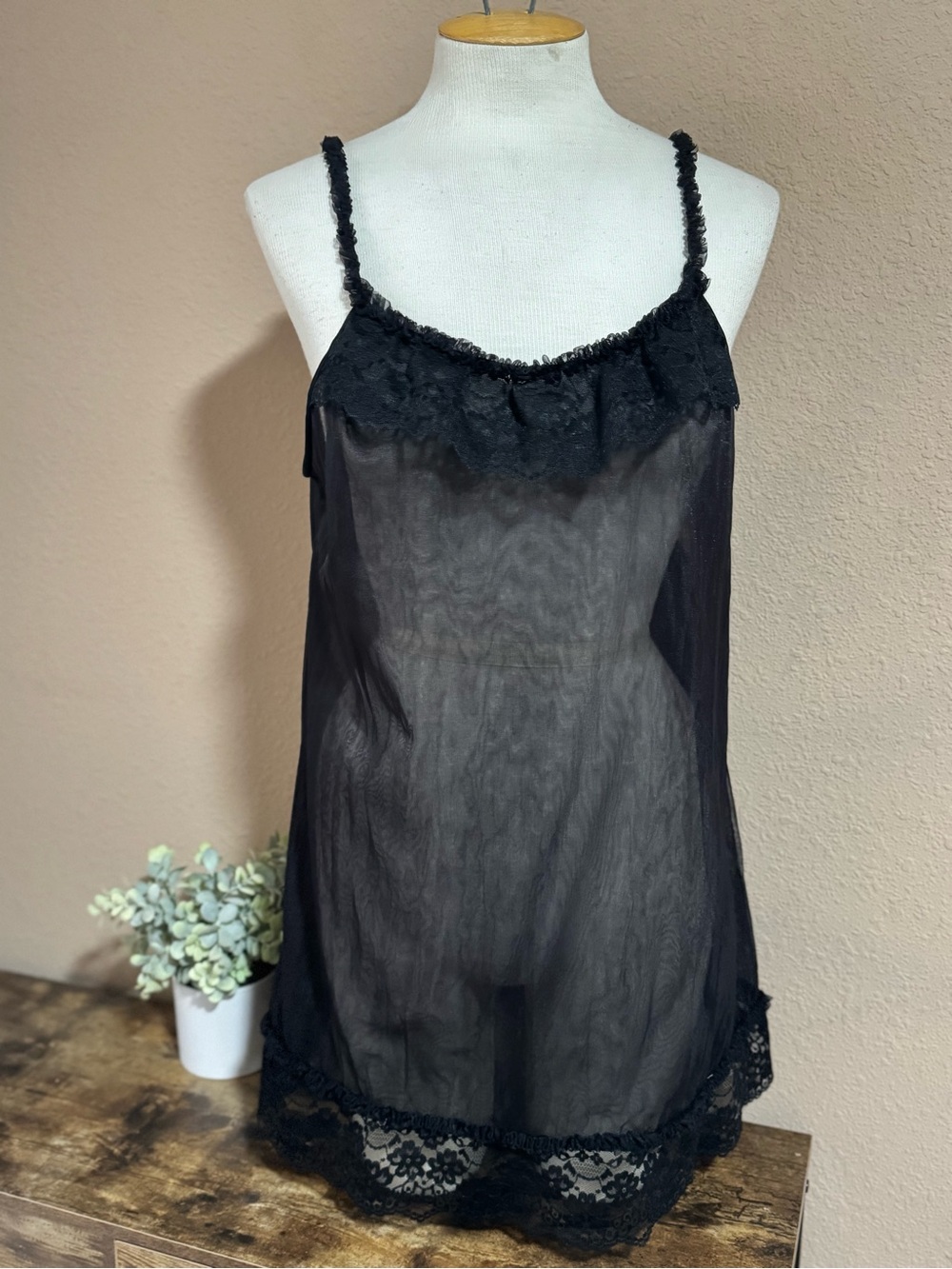 Vintage Black Sheer Lace-Trim Chemise Slip